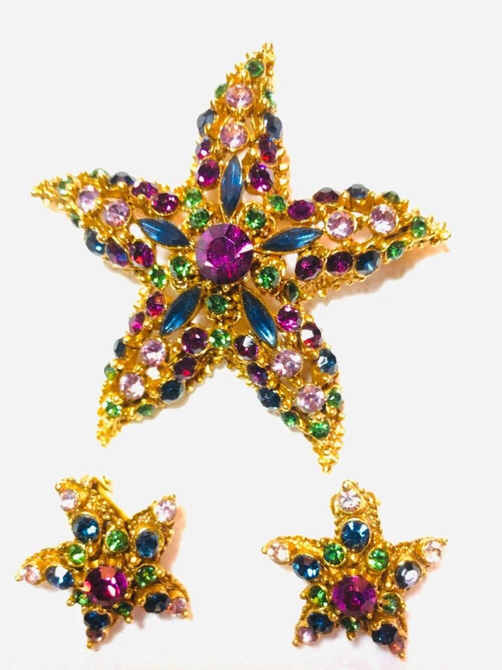 Vintage Antique Florenza 1950s Art Glass Crystal Rhinestone Star Earrings Brooch